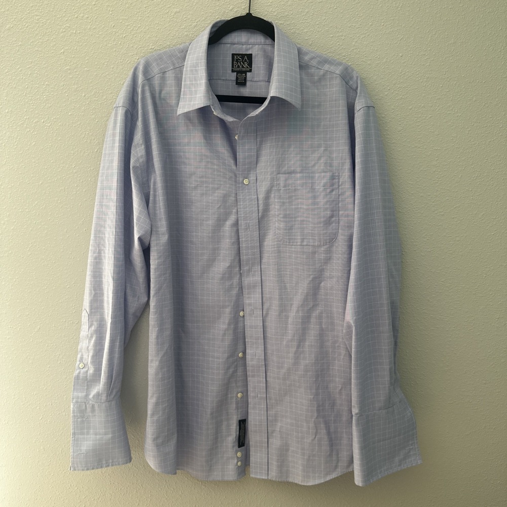 Jos A Bank Traveler Mens Dress Shirt 17.5 35 Blue Check Windowpane XXL